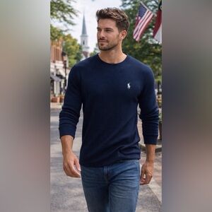 Ralph Lauren Polo Men's Long Sleeved Waffle Knit Thermal Blue Shirt Large